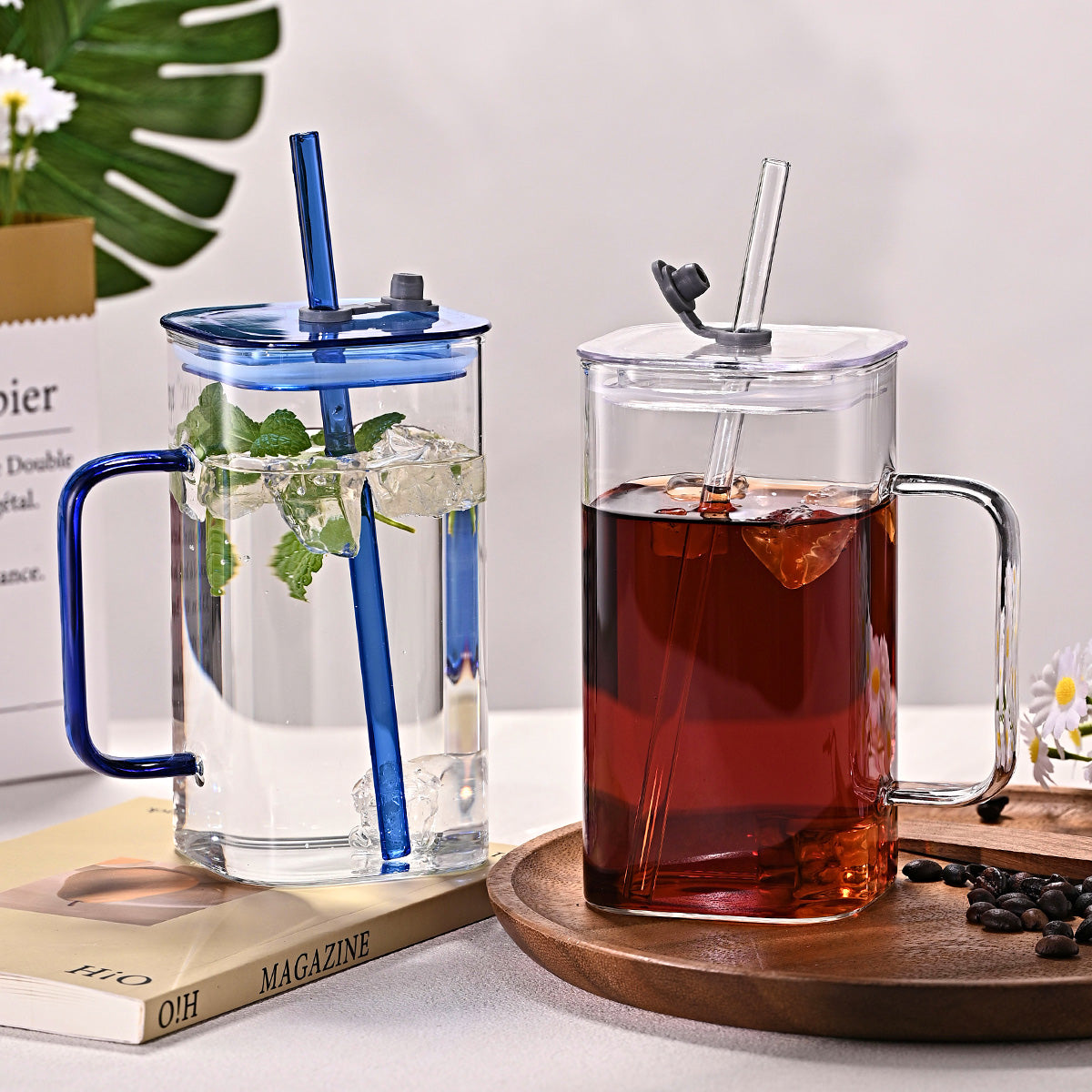 1 Pcs Blue Glass Straw Cup, 4 Colors Square Glass Cup With Straw And Lid, High Borosilicate Glass Cup, Milk Cup, Juice Cup, Cold Drink Cup, Coffee Cup, Tea Cup, Office Cup, Gift Cup
