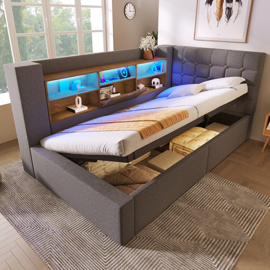 Upholstered Bed 90x190 Cm Single Bed With LED Lighting, Hydraulic Storage, L-shaped Headboard With Storage, Can Be Mounted On Both Sides, Slatted Base, Linen Fabric, Grey  Without Mattress