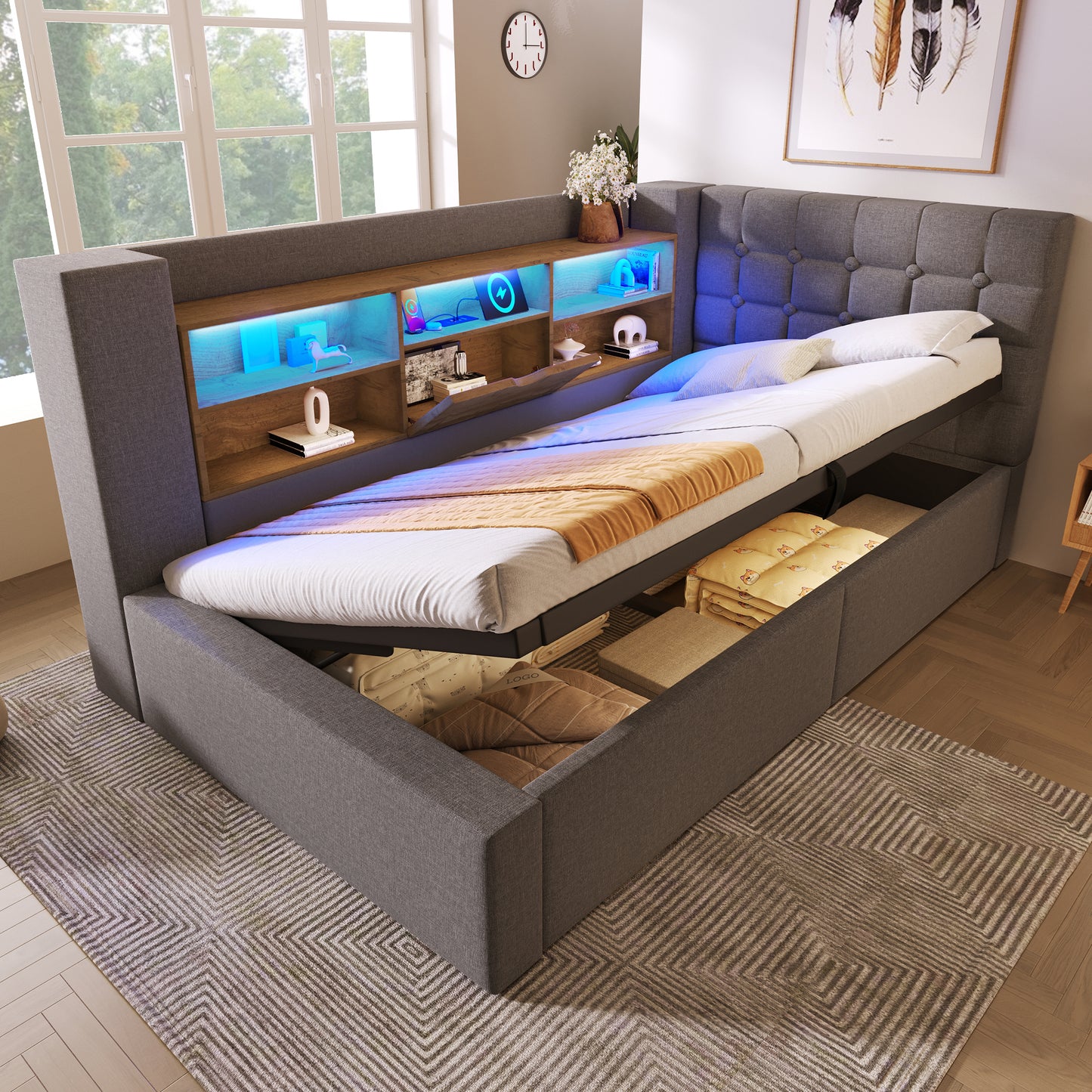 Upholstered Bed 90x200 Cm Single Bed With LED Lighting, Hydraulic Storage, L-shaped Headboard With Storage, Can Be Mounted On Both Sides, Slatted Base, Linen Fabric, Grey  Without Mattress