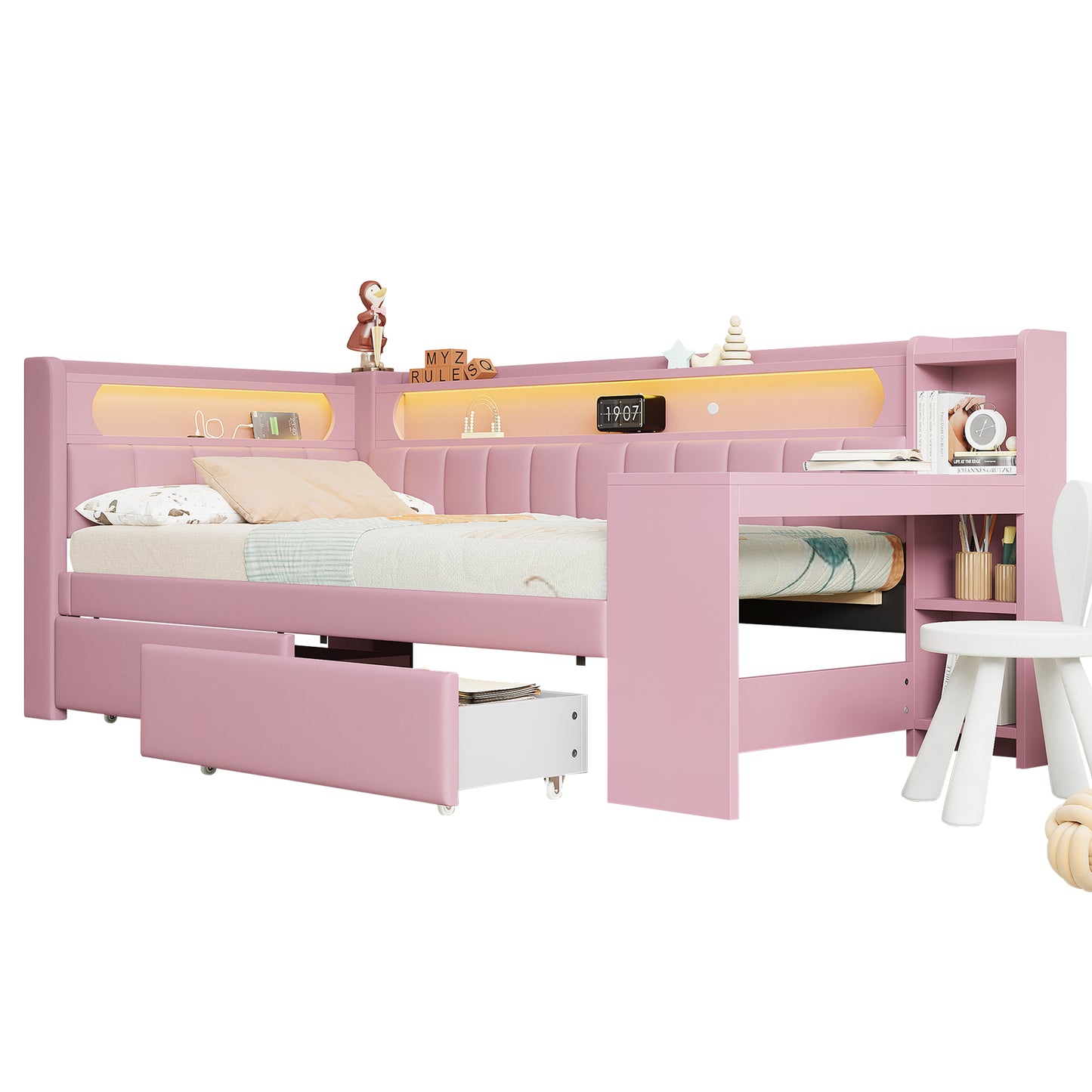 Padded 90x200 Daybed With USB Ports And LED Belt, With Desk And 2 Drawers, Pink