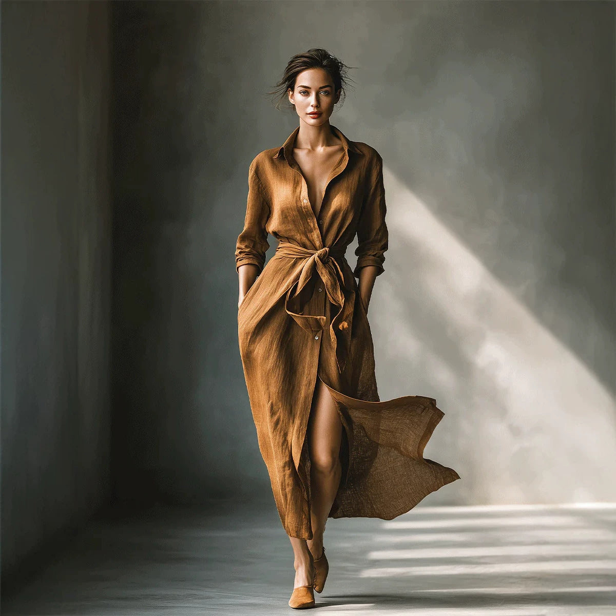 Elegant Long Shirt Collar Dress - Women's Casual Long Sleeve Midi Dress with Button Down Front for Office Wear
