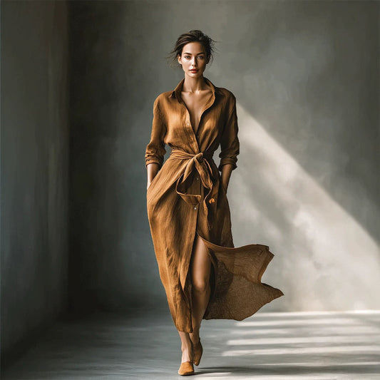 Elegant Long Shirt Collar Dress - Women's Casual Long Sleeve Midi Dress with Button Down Front for Office Wear