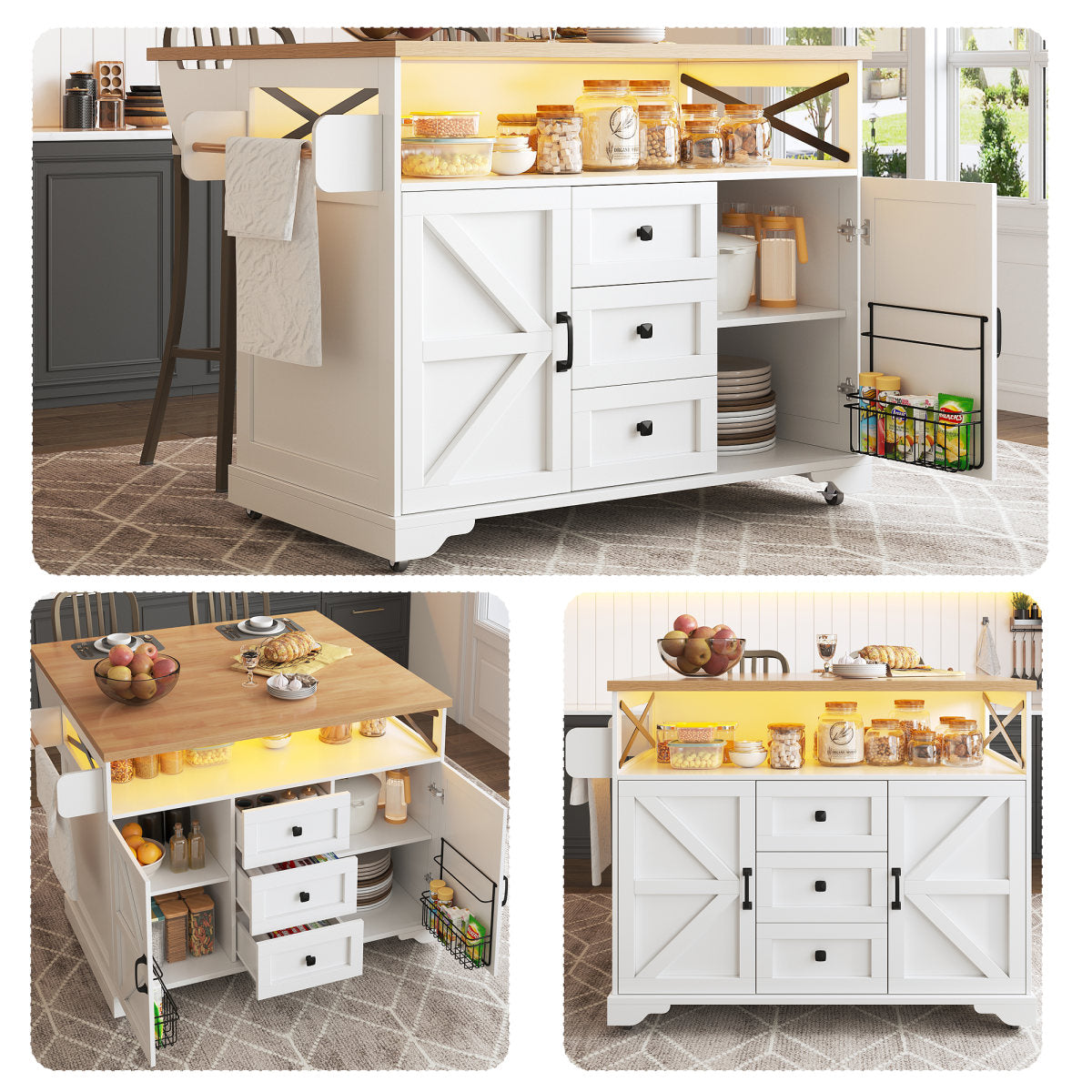 Serving Cart Kitchen Rollable With Drop-Leaf Table & App LED Lighting, Snack Shelves, Multifunctional As Kitchen Island Mobile Bar Side Table, Modern Kitchen Island, Kitchen Cabinet, Dining Table
