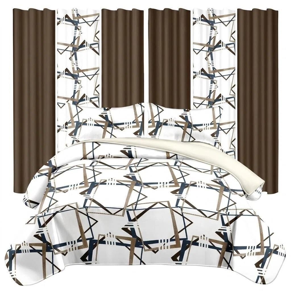 9 Piece Room In A Bag Quilt And Curtain Set, US Designer Modern Geometric Print Heavyweight Bedspread With 6 Customizable Window Panels, Pet-Friendly High GSM Coverlet Brown,Navy,White