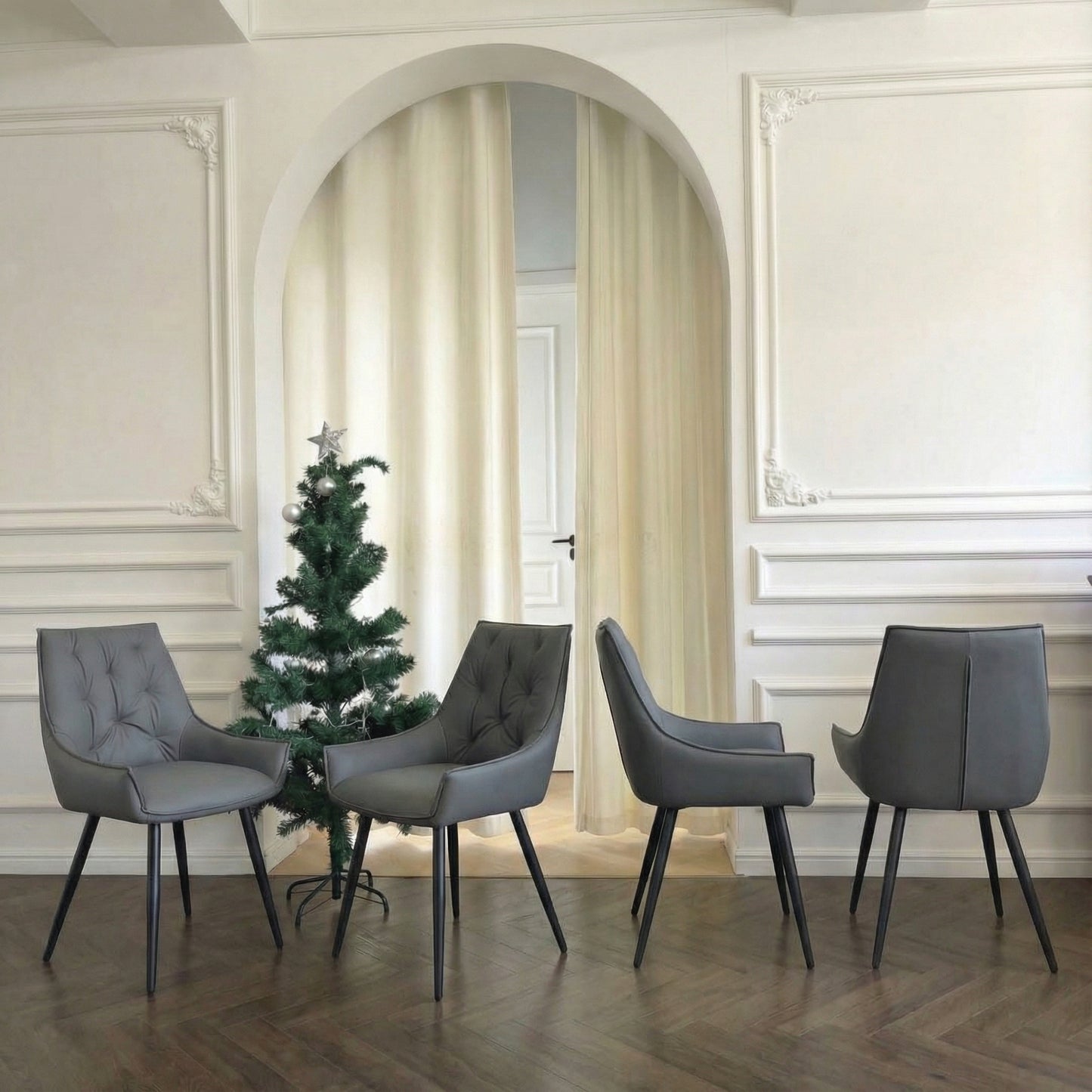 Dining Chairs Set Of 4, Dark Gray Faux Leather Dining Room Chair, Metal Kitchen Chairs With Gold Mesh Texture And Black Sanded Legs, Flat Back Upholstered Chair  Dark Gray, Set Of 4