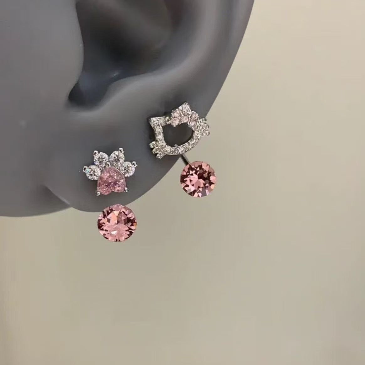 Super Sparkling Full Zircon Cat Paw Stud Earrings For Women, Sweet Cute Cat Drop Earrings Bow Helix Cartilage Studs Fashion Ear Jewelry