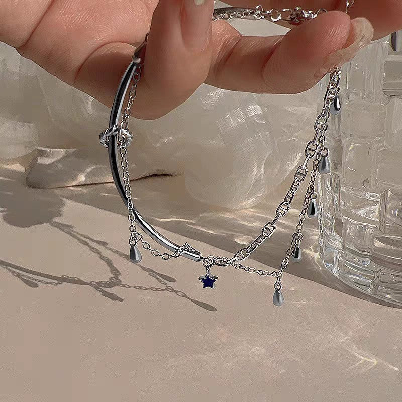 1pc 999 Sterling Silver Double-Layer Tassel Star Half-Bangle Bracelet, Trendy Style, Perfect For Daily Wear & Valentine's Gifts