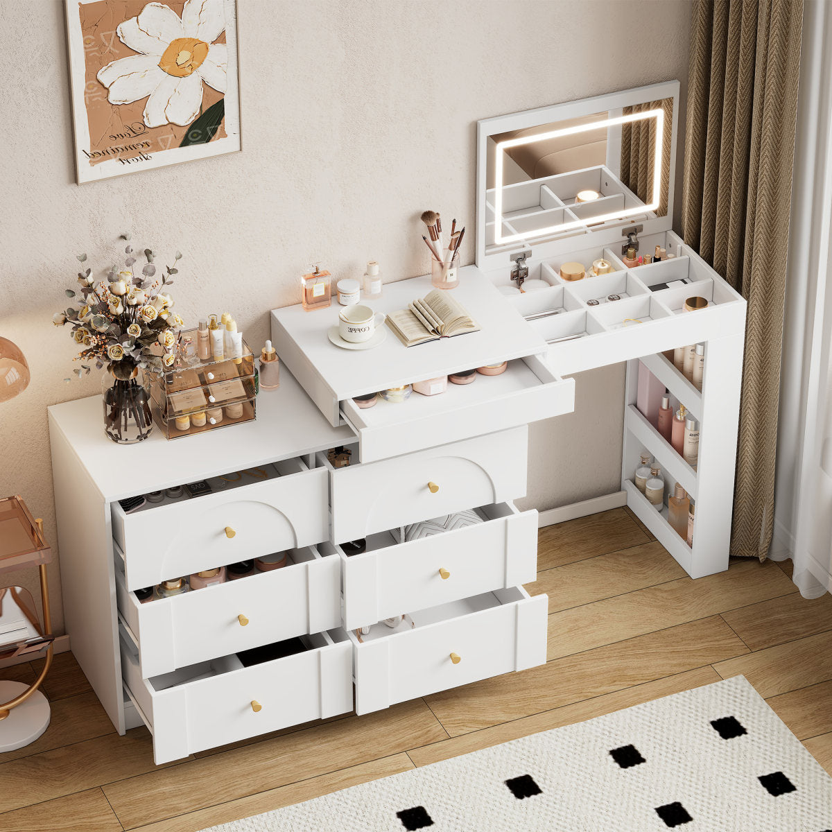 Modern L-Shaped Vanity Desk  Study Table With LED Flip Mirror, 7 Drawers For Storage, Adjustable Length, Multi-Functional Makeup Desk, Suitable For Bedroom Or Study, White