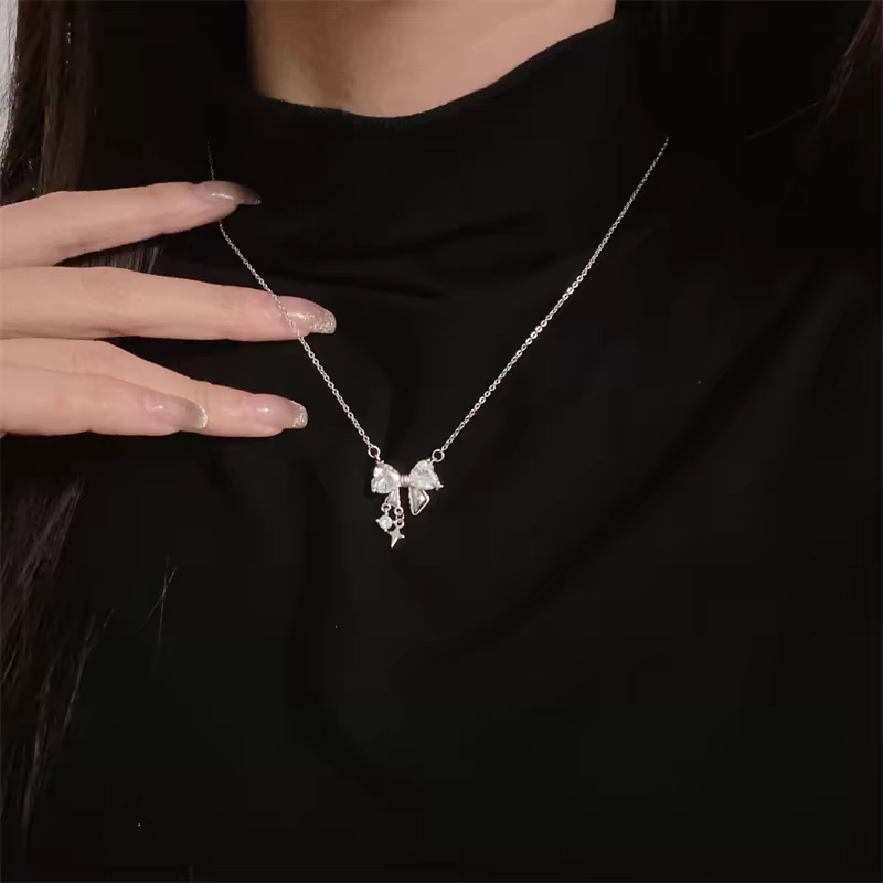 1pc 999 Sterling Silver Diamond-Encrusted Heart Bow Tassel Necklace, Sweet Minimalist Style, Perfect For Daily Wear & Valentine's Gifts