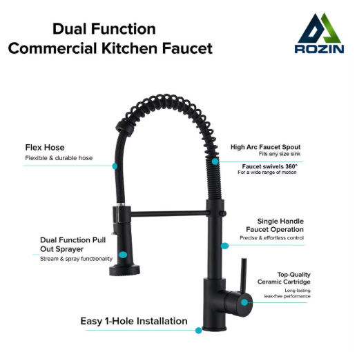 Rozin Matte Black Kitchen Faucet Deck Mounted Mixer Tap 360 Degree Rotation Stream Sprayer Nozzle Kitchen Sink Hot Cold Taps