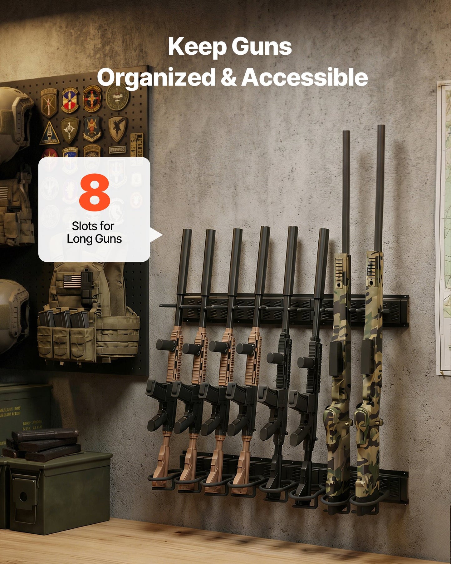 Indoor Gun Rack, Heavy Duty Steel, Wall Mount Rifle And Shotgun Rack, 8 Slots For Long Guns, Gun Display Rifle Storage Holder With Screws, For Home Garage Office Retail Shop Hunting Cabin Wall