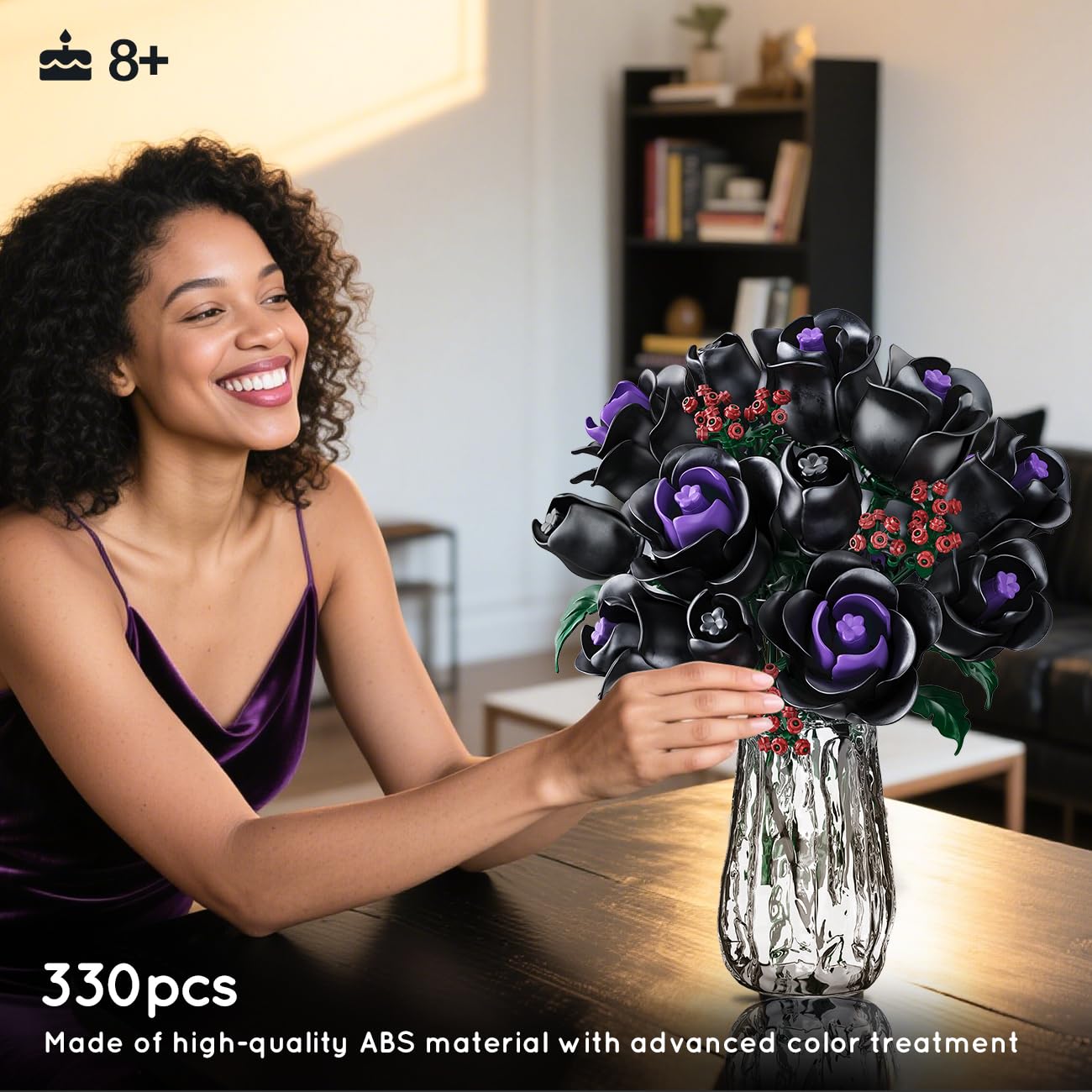 HOGOKIDS Flowers Bouquet Building Set - 15 Black Roses Botanical Building Blocks Artificial Flower Toy,Gothic Home Decors Easter Gift For Her Girlfriend Wife Adults Teens Kids