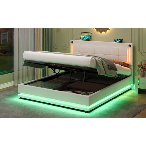 4ft6 Double LED Hydraulic Bed With Charging Station, Adjustable Square Tufted Headboard With Intelligent Control Light, Soft Velvet Bed Frame With USB And Type - C Ports, Beige