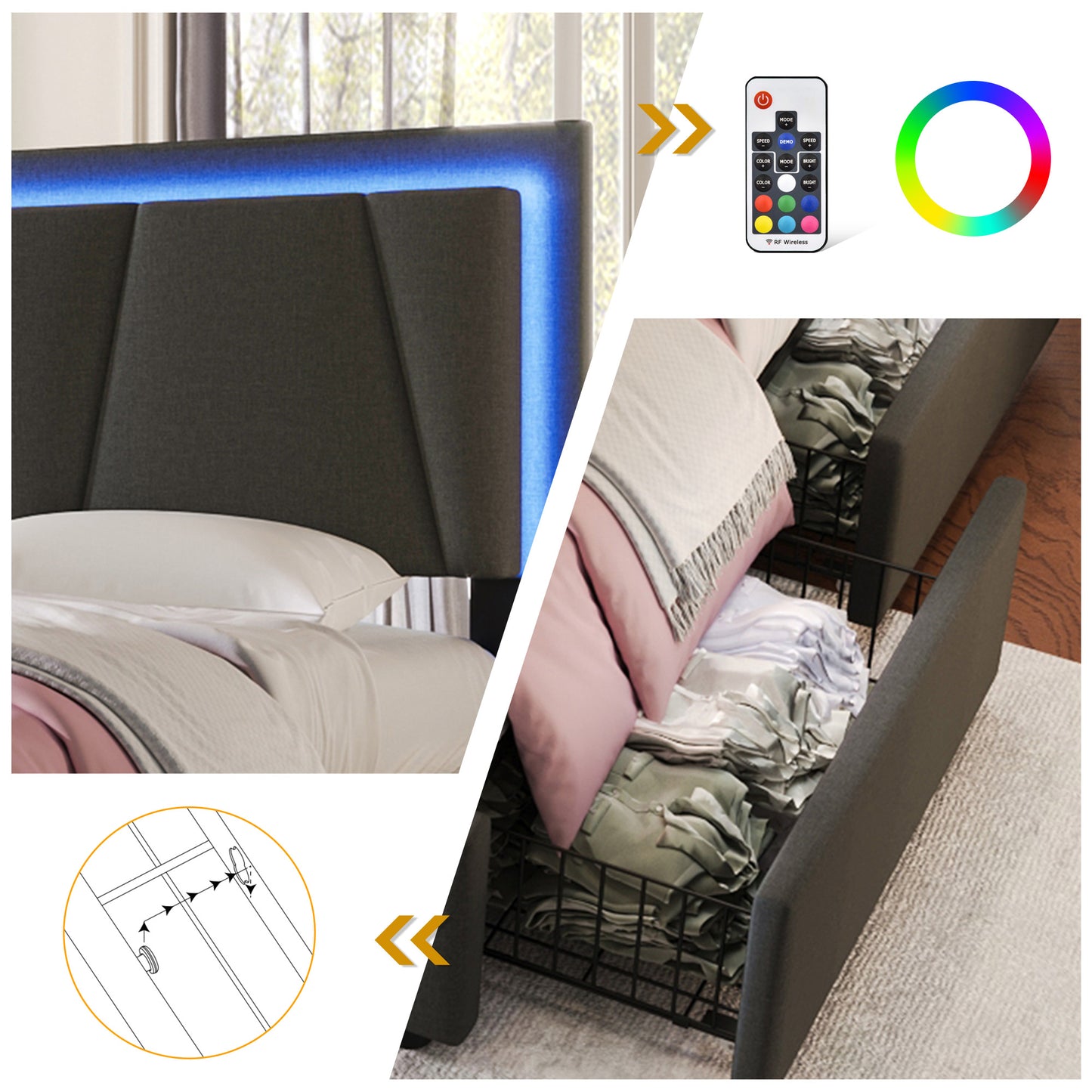 Upholstered Bed With LED Lighting And 4 Drawers,Height-adjustable Headboard,Double Bed 140x200cm Storage Beds Bed Frame, Wooden Slatted Base, Grey  Without Mattress