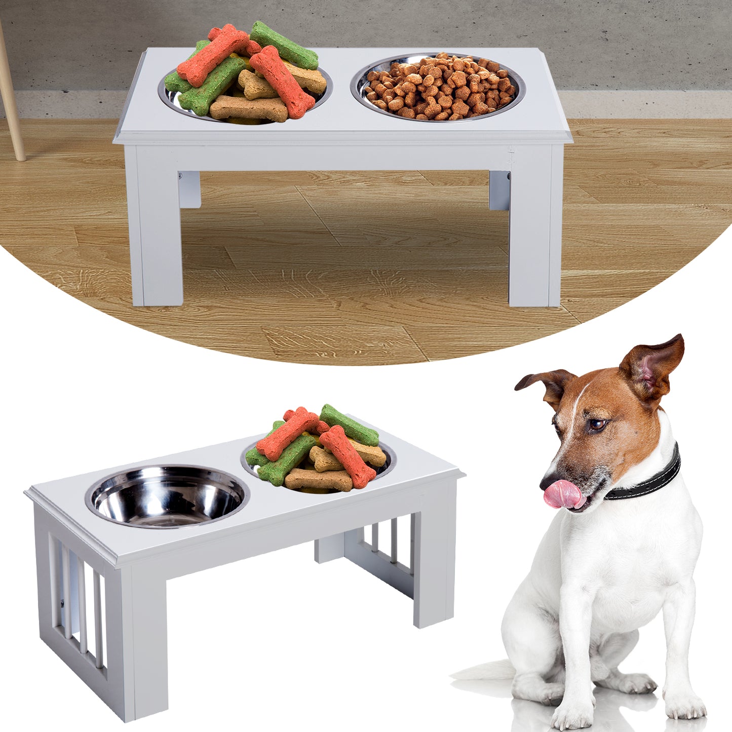 PawHut Raised Dog Feeding Bowls With Stand, Stainless Steel For Medium Dog, 58L X 31W X 25H Cm - White