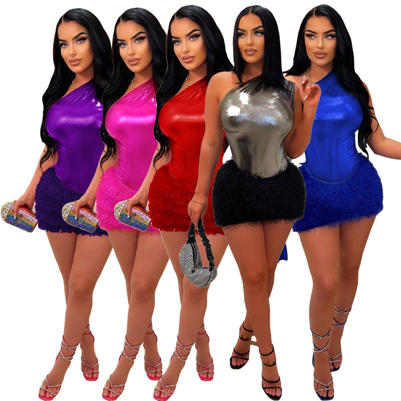 Womens Fashion Jumpsuit And Glossy Sexy Short Skirt Two-piece Set