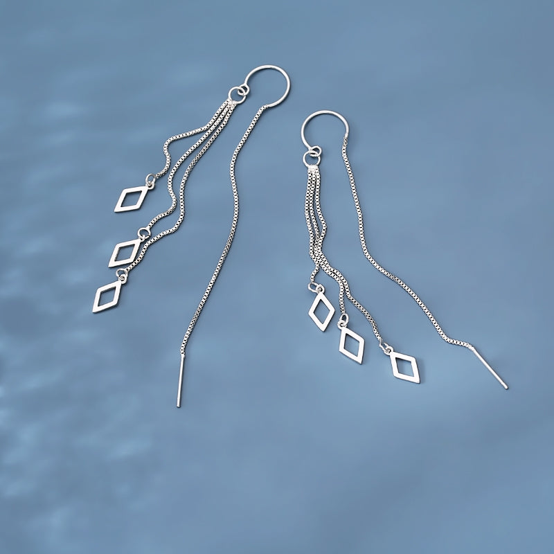 1 Pair 999 Sterling Silver Hollow Rhombus Long Tassel Threader Earrings, Minimalist & Elegant, Perfect For Daily, Dating & Business, Ideal Valentine's Gift