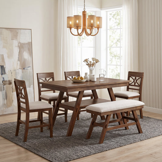 TOPMAX 6-Piece Wood Counter Height Dining Table Set With Storage Shelf, Kitchen Table Set With Bench And 4 Chairs,Rustic Style, Walnut Beige Cushion  Old Sku N717S000257AAD