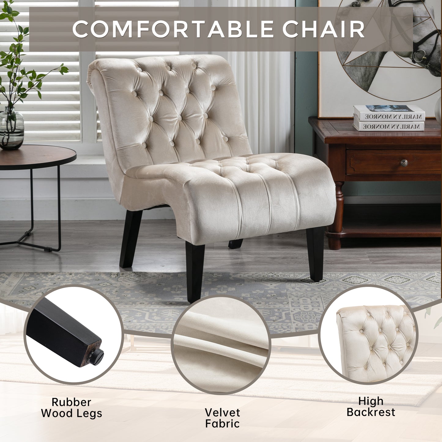 COOLMORE Modern Velvet Armless Accent Living Room Chair   Leisure Chair,Upholstered Fabric Button Comfortable Chair With Wooden Legs For Bedroom, Living Room, Office  Beige Velvet