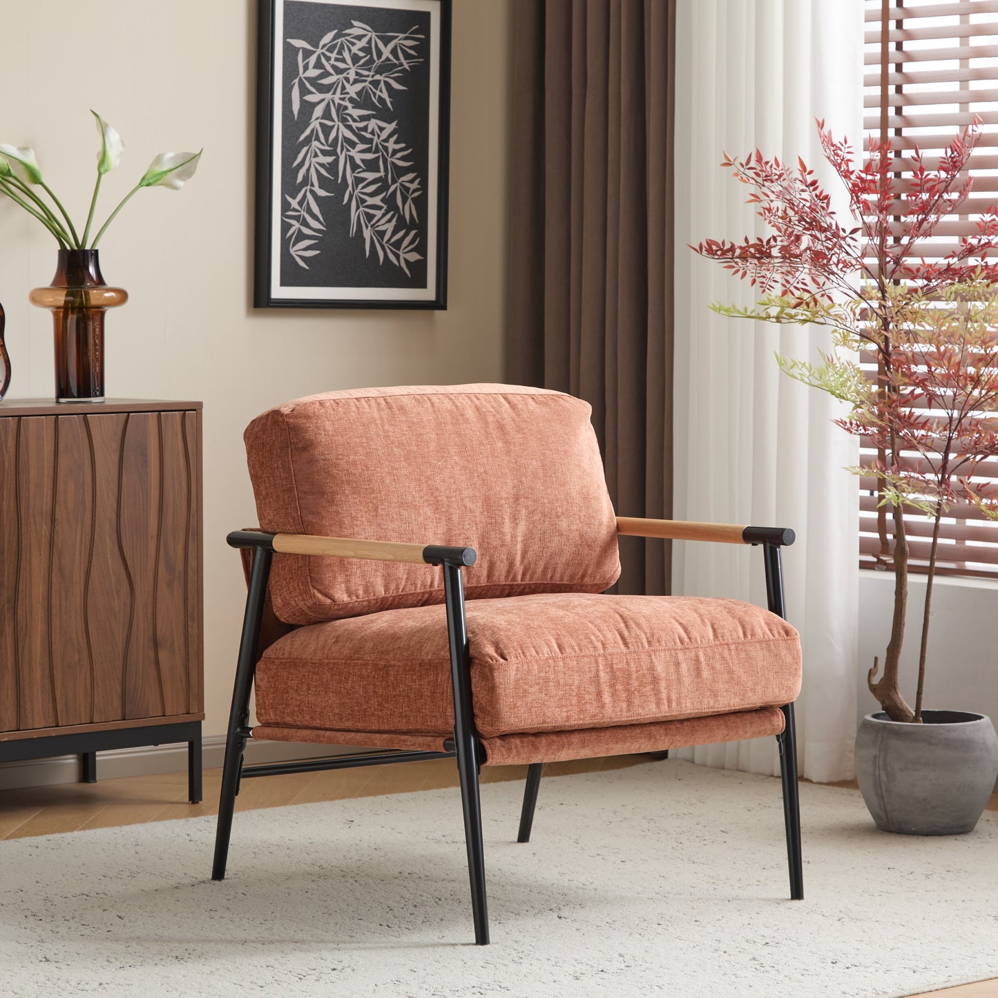 27.56  Modern Accent Chair With Plush Cushions, Minimalist Metal Frame, And Wooden Armrest Design -Perfect For Cozy Living Room, Bedroom, Or Office Seating