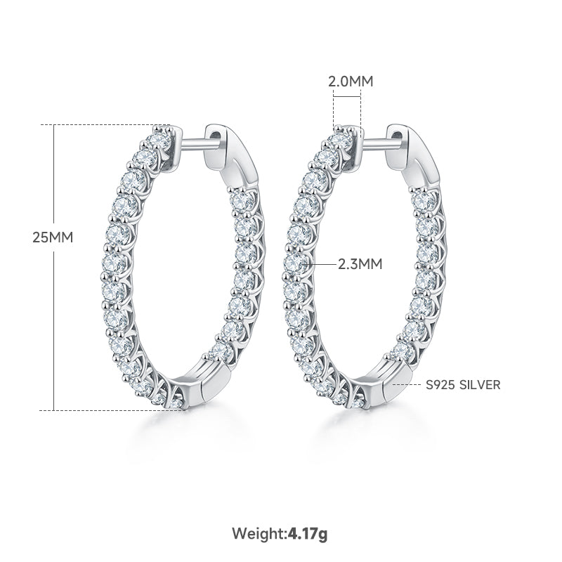 4.2g S925 Sterling Silver Moissanite Hoop Earrings, 25mm Round Pave Hoops With GRA Certificate, Platinum Plated, Rose Gold Or Gold Available, Luxury Gift Box Set For Women