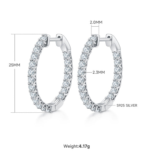 4.2g S925 Sterling Silver Moissanite Hoop Earrings, 25mm Round Pave Hoops With GRA Certificate, Platinum Plated, Rose Gold Or Gold Available, Luxury Gift Box Set For Women