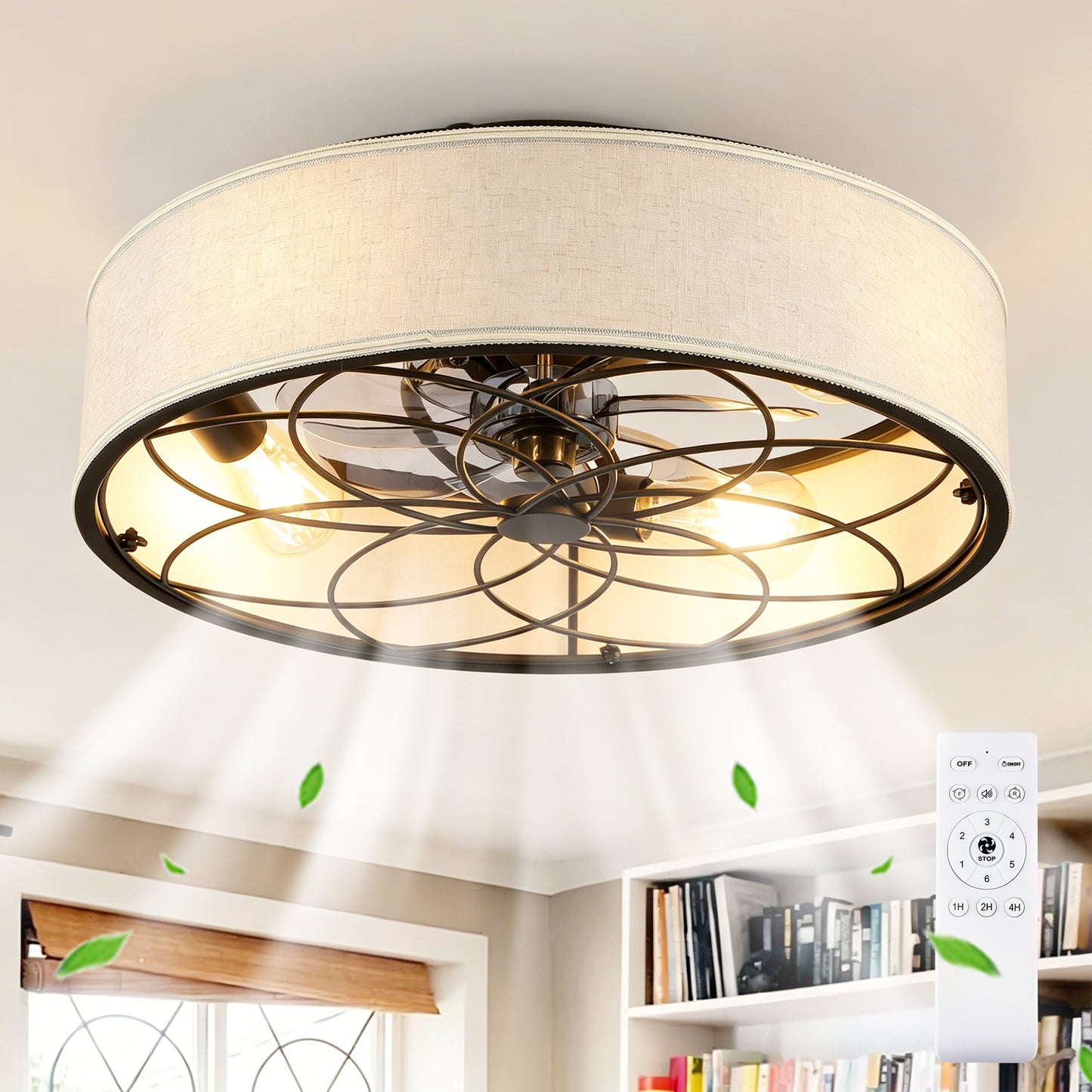 20   Low Profile Fabric Farmhouse Bladeless Ceiling Fan With Remote Control,Low Profile Modern Enclosed Ceiling Fans With Reversible Motor For Living Room, Bedroom,Kitchen--NOT INCLUDED BULBS