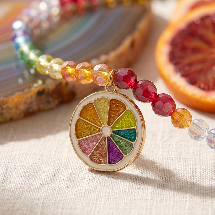 Rainbow Glass Bead Fruit Choker Necklace For Women, Stainless Steel Chain With Cute Citrus Lemon Slice Pendant, Colorful Summer Jewelry Gift