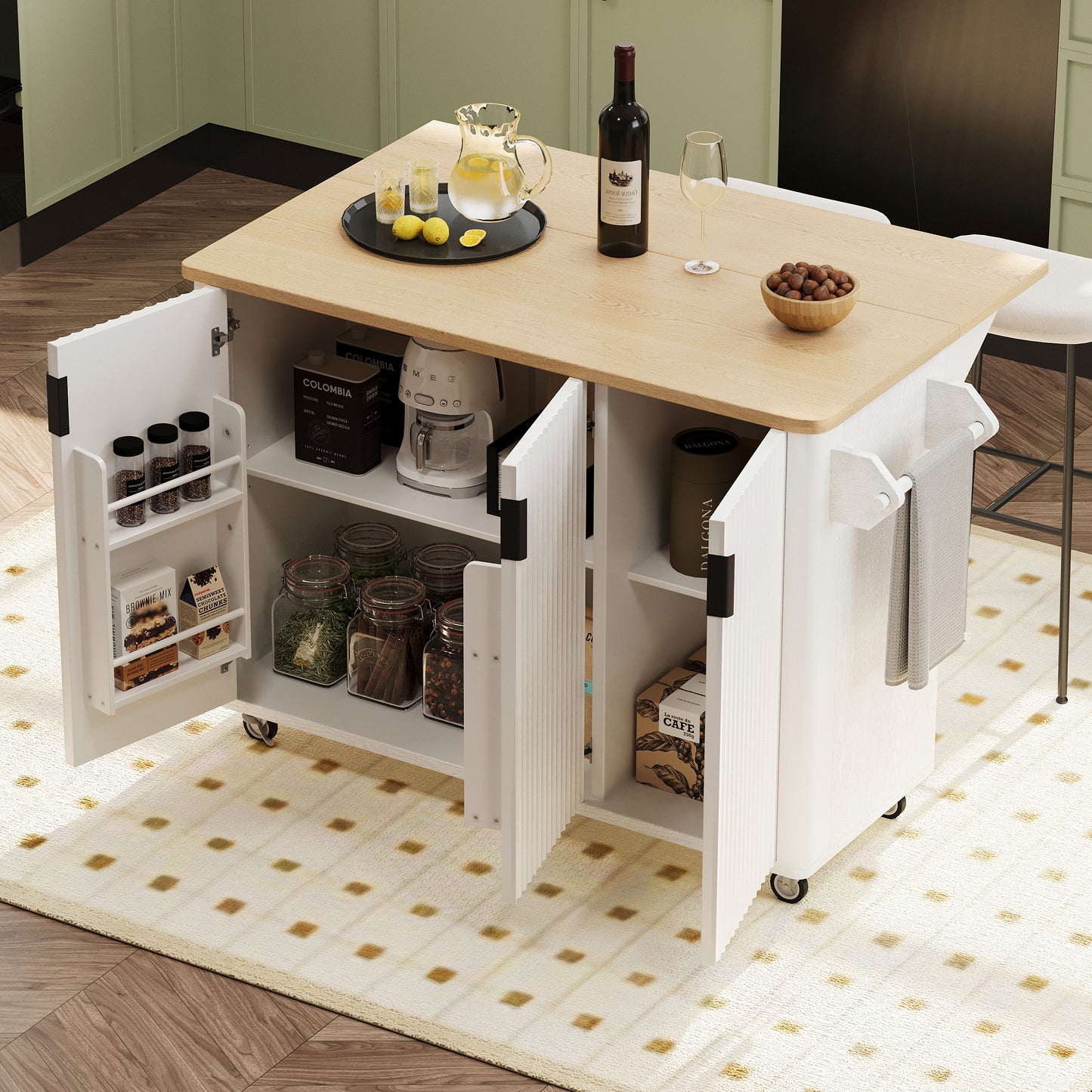 K&K 51  Fluted Kitchen Island With Drop Leaf, Farmhouse Accent Kitchen Island On Wheels With Internal Storage Rack, Rolling Kitchen Cart With Towel Rack For Kitchen, Dining Room, White Ash