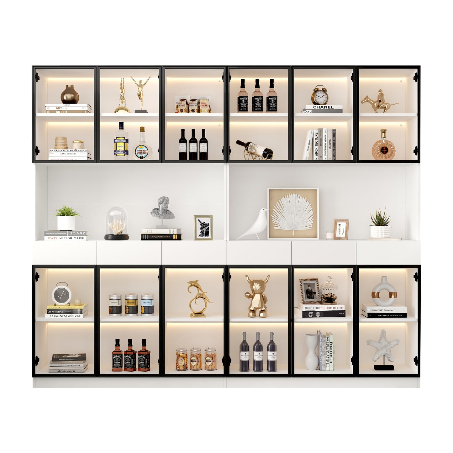 Glass Cabinet Door 200cm Tall White Display Cabinet With LED Lights, Multi Storage Bookcase For Collection Bedroom Living Room Office, White - Black Door Frame