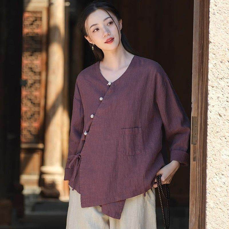 SpringSummer Travel Photography Lace-Up Jacket Short Cotton-Linen Cardigan