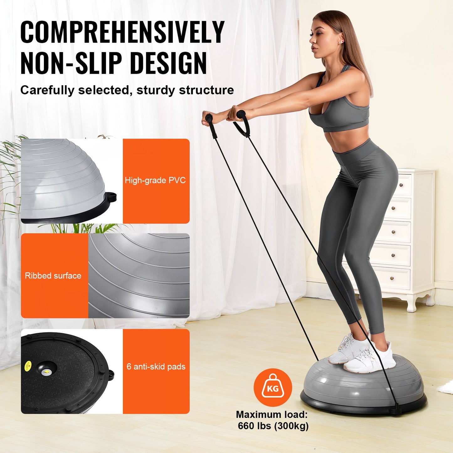 Half Exercise Ball Trainer, 23 Inch Balance Ball Trainer, 660lbs Capacity Stability Ball, Yoga Ball With Resistance Bands & Foot Pump, Strength Fitness Ball For Home Gym, Full Body Workout, Gray