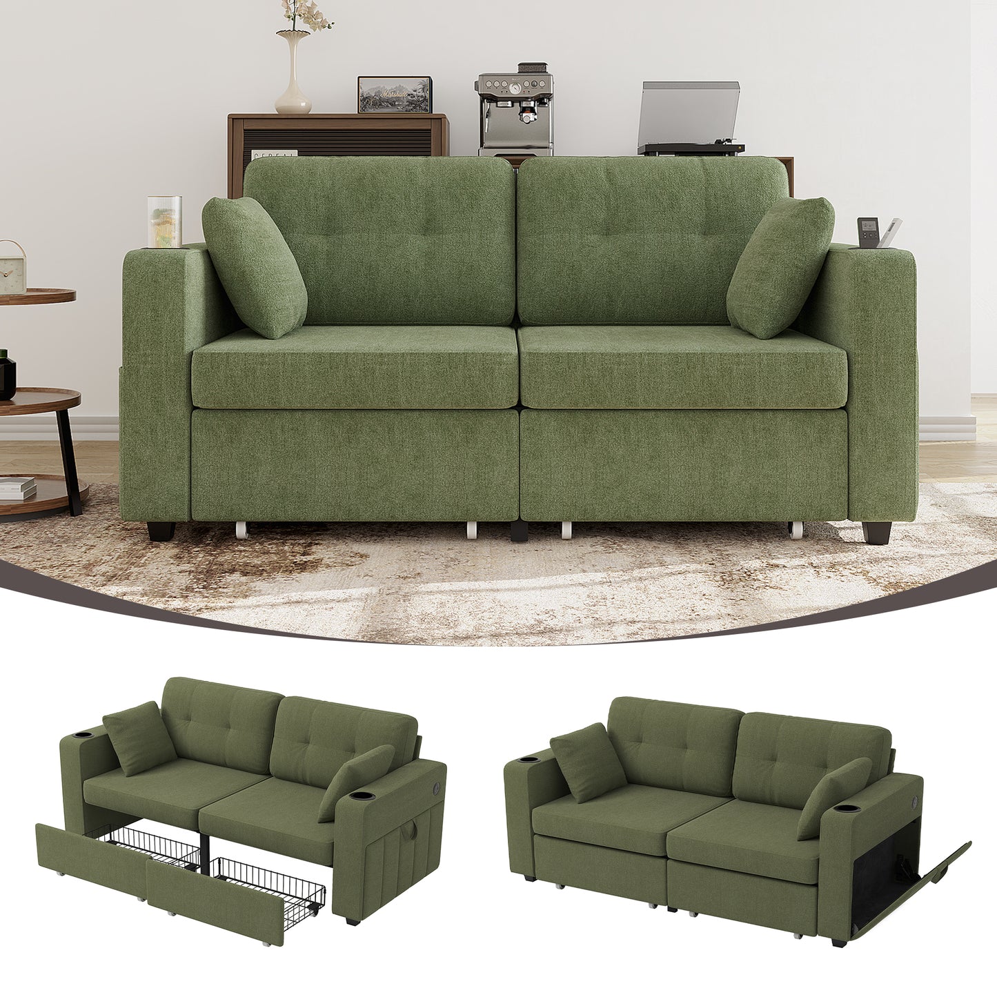 Two-seater Sofa With Two Storage Drawers And USB Charging Ports, With Cup Holders And Side Pockets, Equipped With Hidden Storage Compartments. Suitable For Living Rooms, Apartments And Reading Corners
