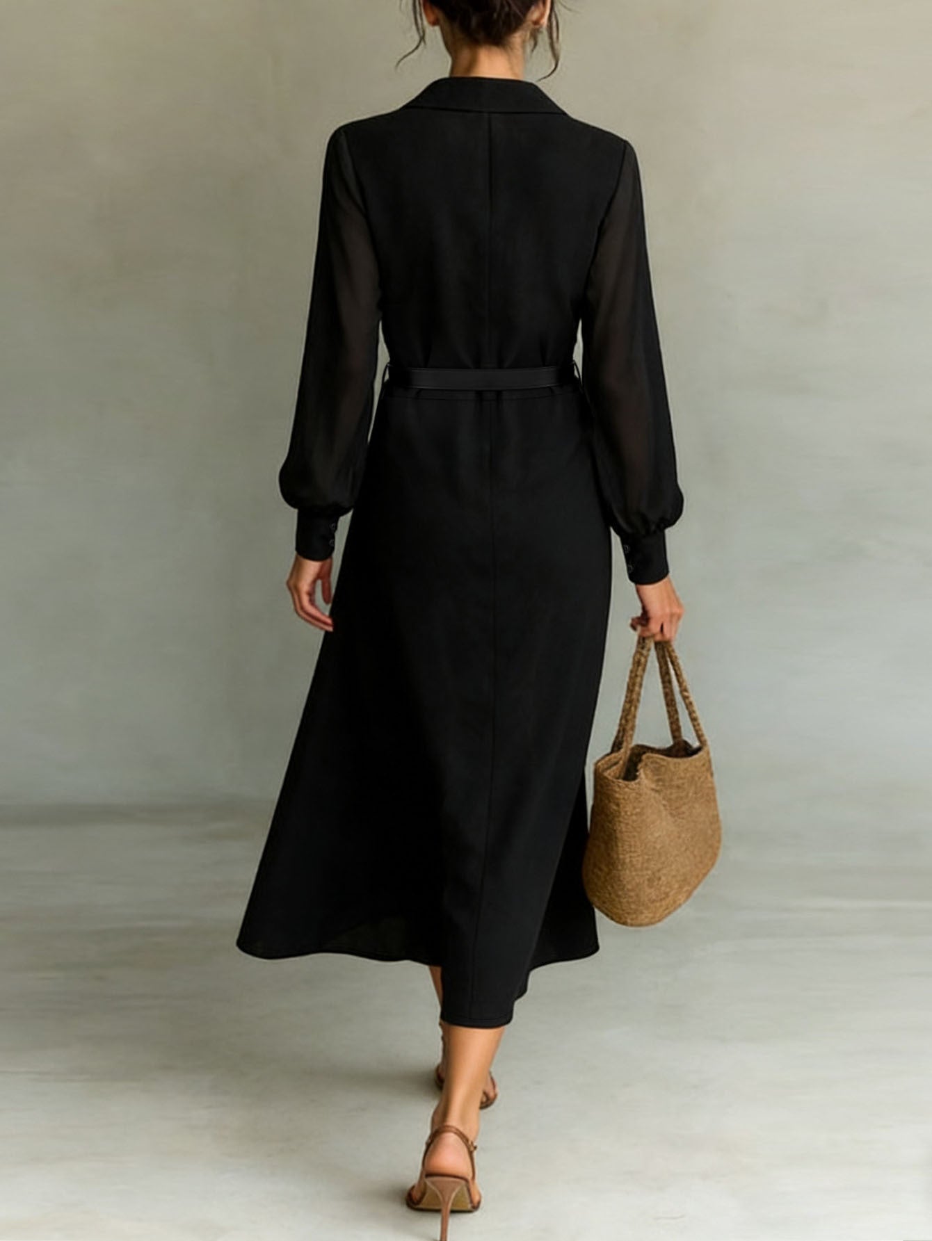 Women's Collared Neck Sheer Puff Sleeve Button Front Belted Maxi Shirt Dress Elegant Office Wear Maxi Dress