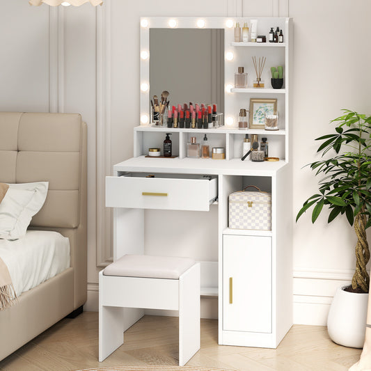 Vanity Desk With Mirror Makeup Desk With 10 Dimmable Bulbs Drawers Cabinet Shelves Stool 3 Color Adjustable Lighting For Dressing Room