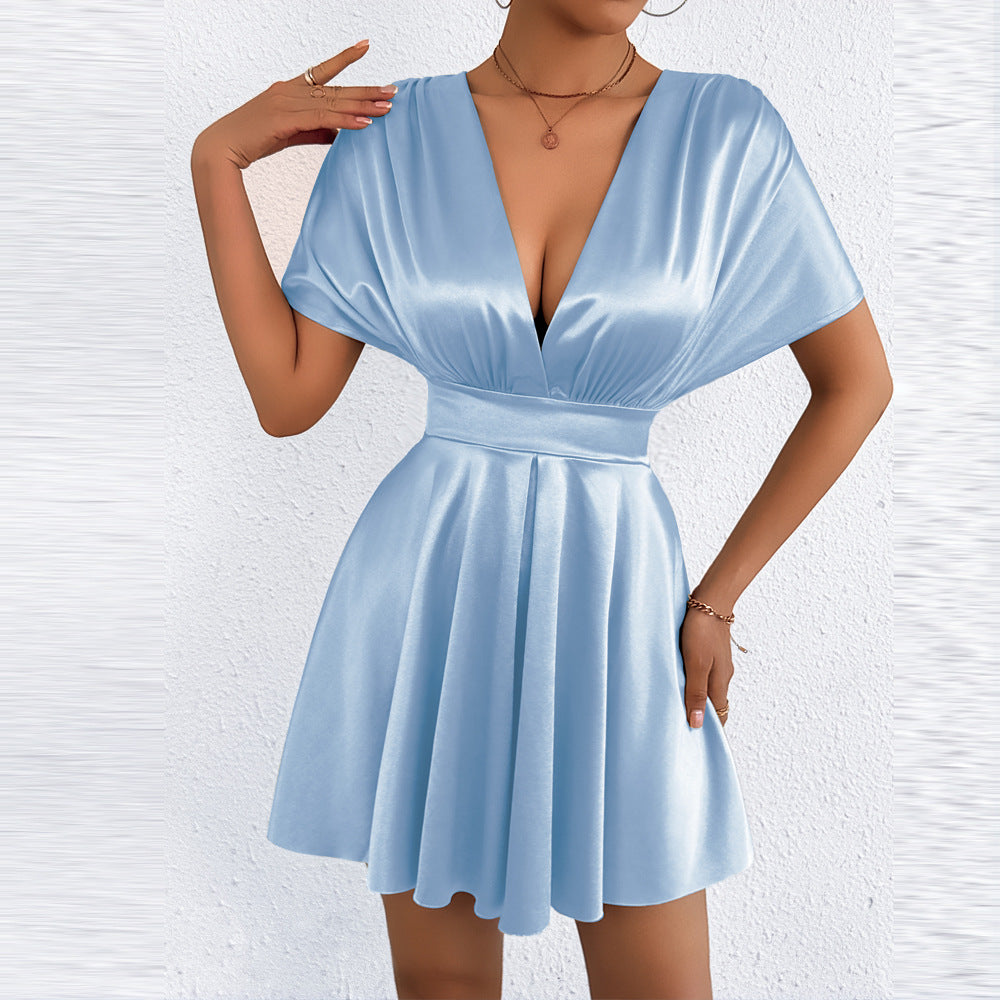 New Womens Summer V-neck Elegant Low-cut Fashionable Waist-cinching Dress