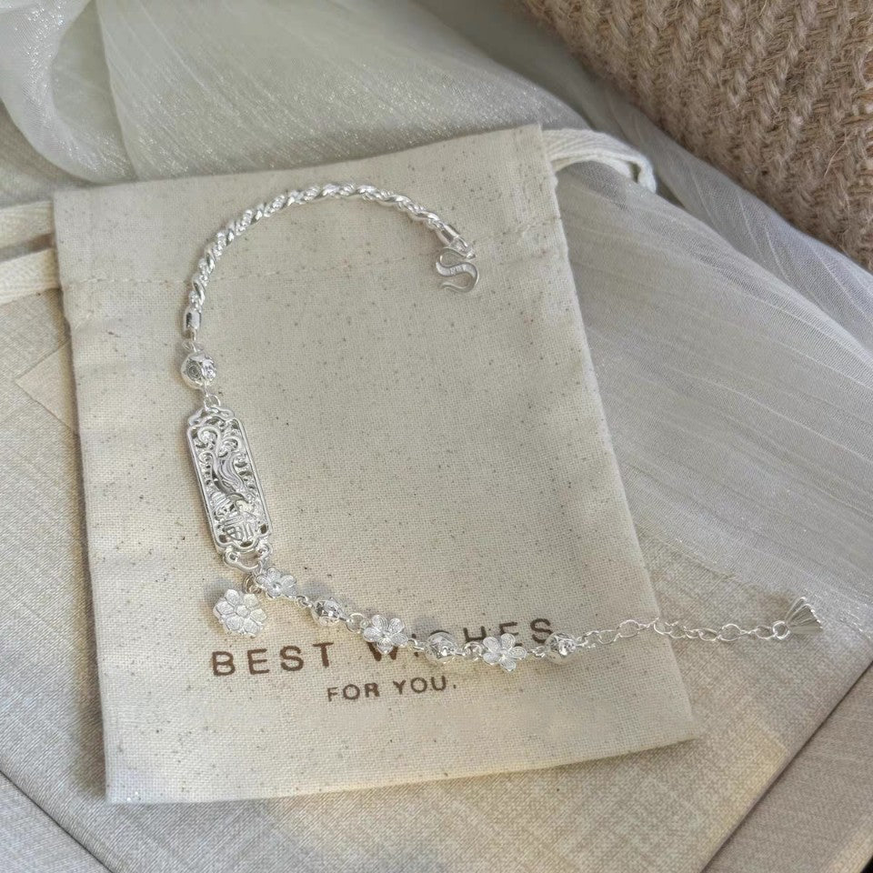 1pc 999 Sterling Silver Hollow Phoenix & Flower Bracelet, Retro Chinese Style, Perfect For Daily Wear & Valentine's Gifts