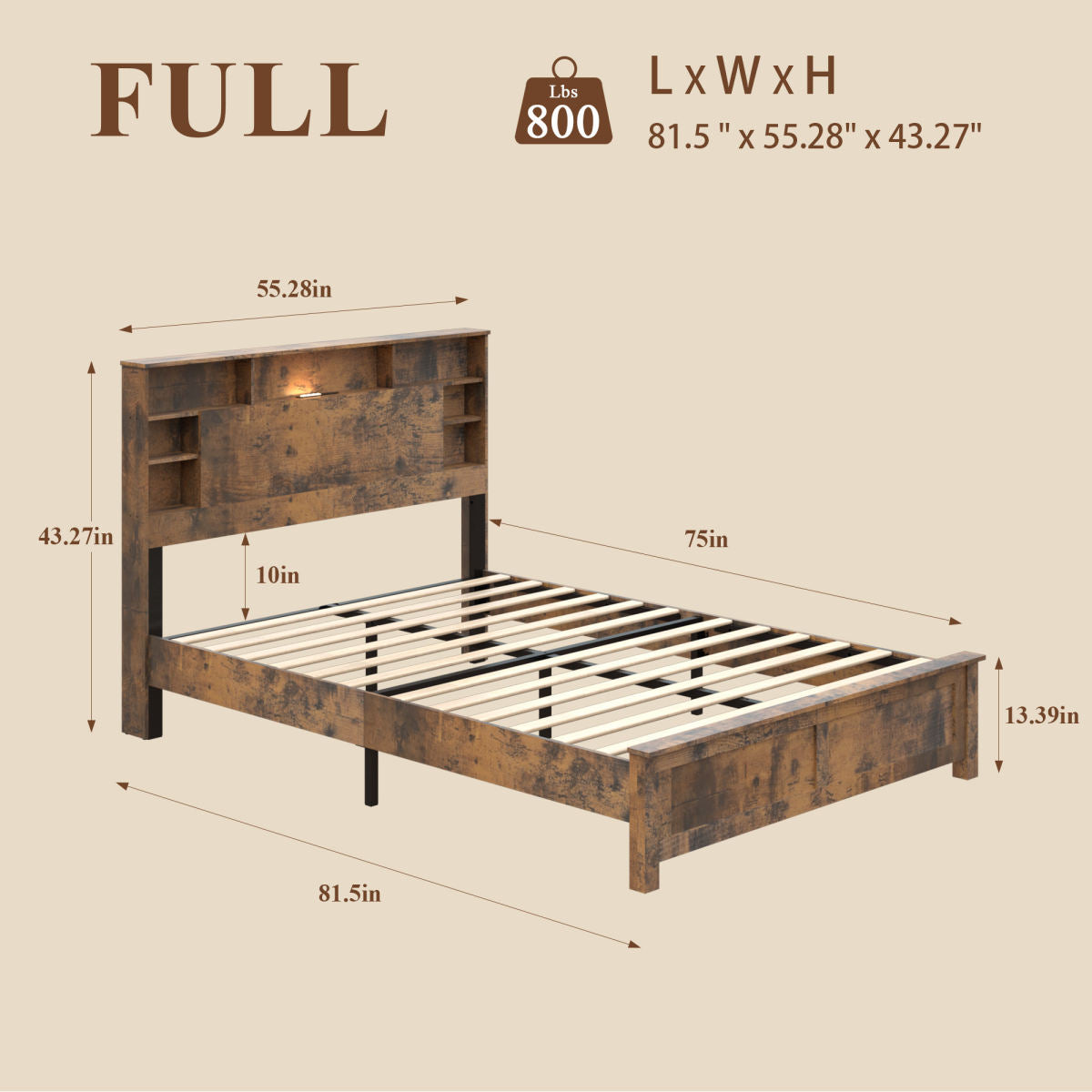 Full Wood Bed Frame With Bookcase Headboard, Charging Station & LED, Dark Brown