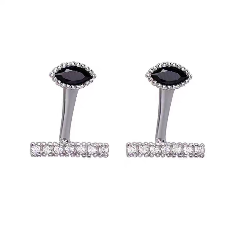 1 Pair 999 Sterling Silver Marquise Black Zircon Convertible Stud Earrings, Minimalist & Elegant, Perfect For Daily, Dating & Business, Ideal Valentine's Gift