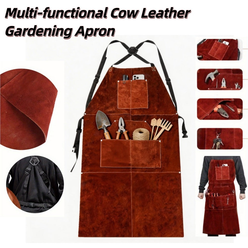 Multi-functional Cow Leather Gardening Apron, Multi-pocket Tool Apron, Wear-resistant And Dirty-resistant Garden Work Aprron, Universal Equipment For Woodworking, DIY And Planting
