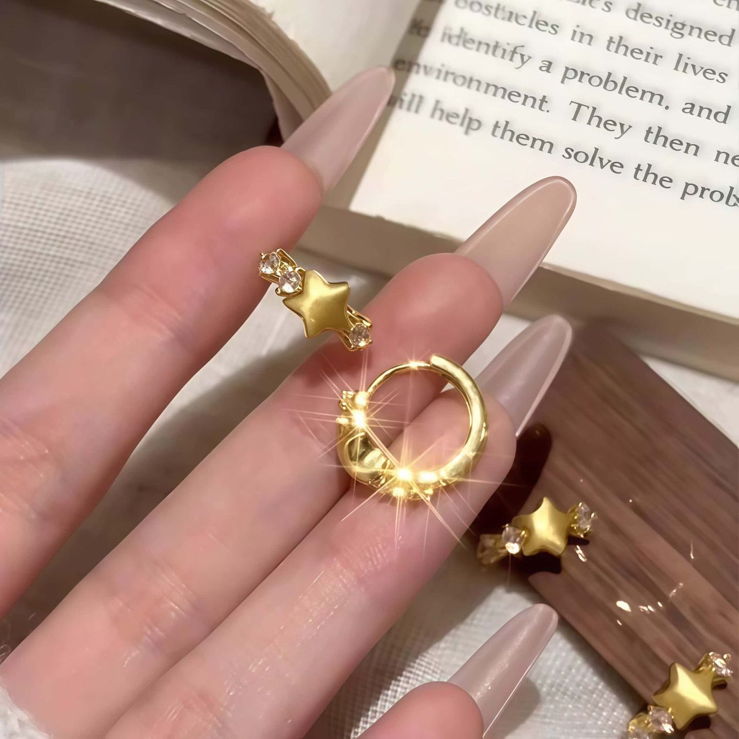 French Gold Brushed Star Huggie Earrings, Minimal Exquisite Niche Unique Designer Hoops, High-End Elegant Fashion Ear Jewelry For Women