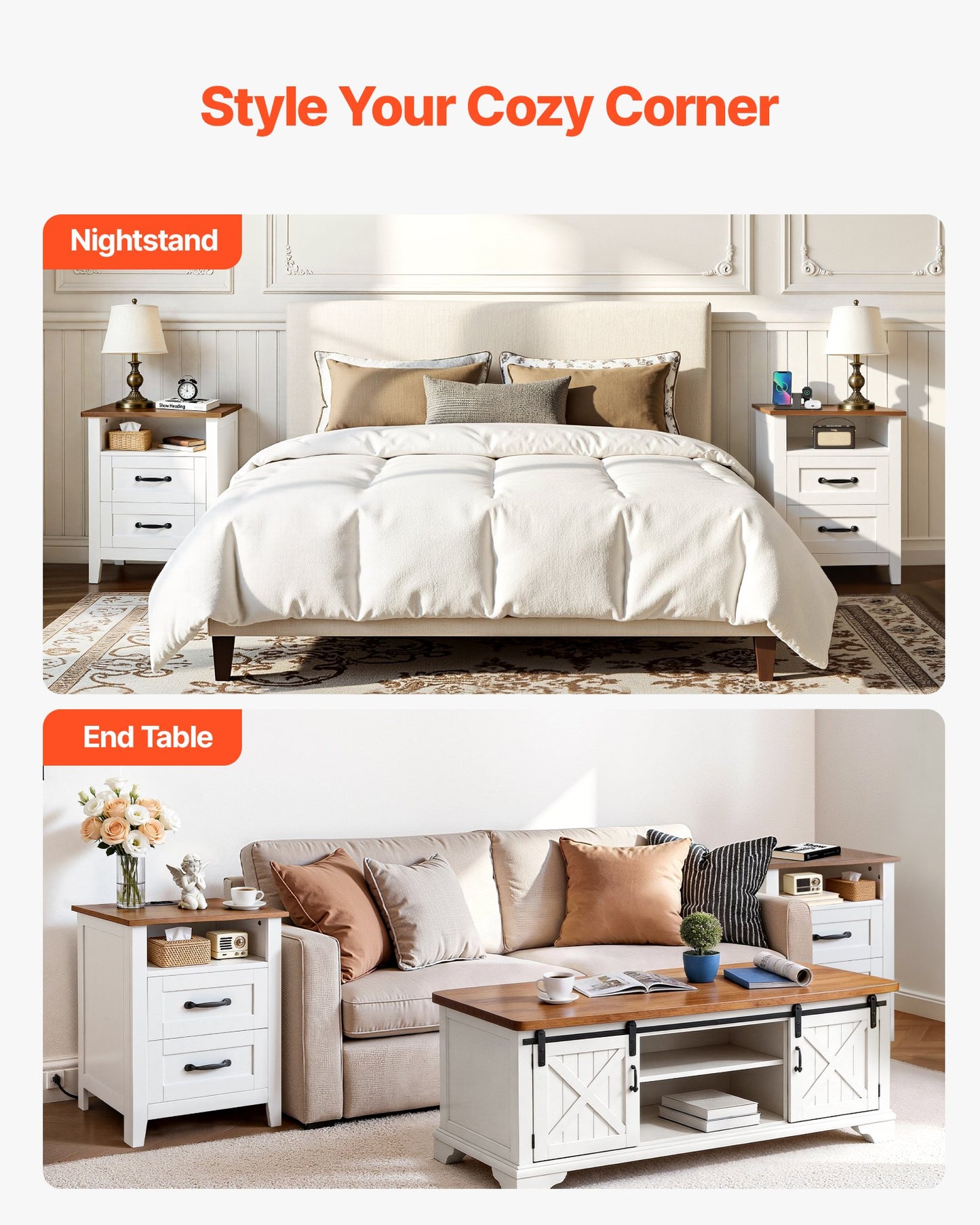 Farmhouse Nightstands, With Charging Station, Set Of 2, End Tables With 2 Drawers And Open Shelf, Bedside Storage Cabinets, Rustic Side Tables With USB Port, For Bedroom, Living Room, White