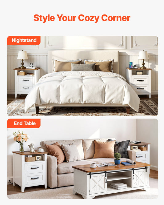 Farmhouse Nightstands, With Charging Station, Set Of 2, End Tables With 2 Drawers And Open Shelf, Bedside Storage Cabinets, Rustic Side Tables With USB Port, For Bedroom, Living Room, White