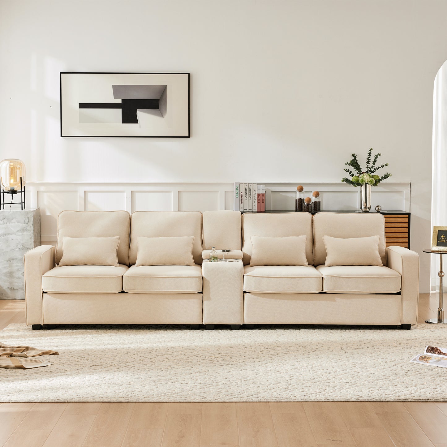 Modern 4 Seater Sofa In Linen Fabric With Console, 2 Cup Holders, 2 USB Ports For Charging With Cable, With Armrest Pockets And 4 Cushions, Simple Sofa For Living Room, Apartment, Office