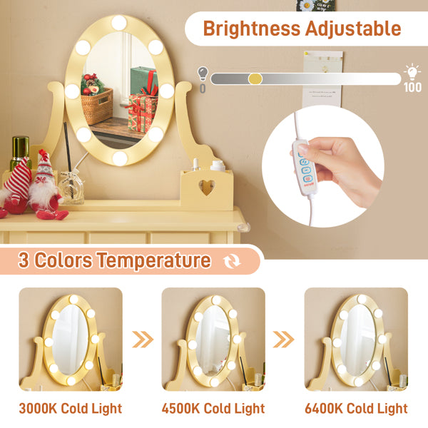 Kids Vanity Set With Mirror And Lights And Stool, 5 Storage Drawers, Pretend Play Princess Makeup Desk Dressing Table And Stool Set For Little Girls Age 3-, Macaroon Orange