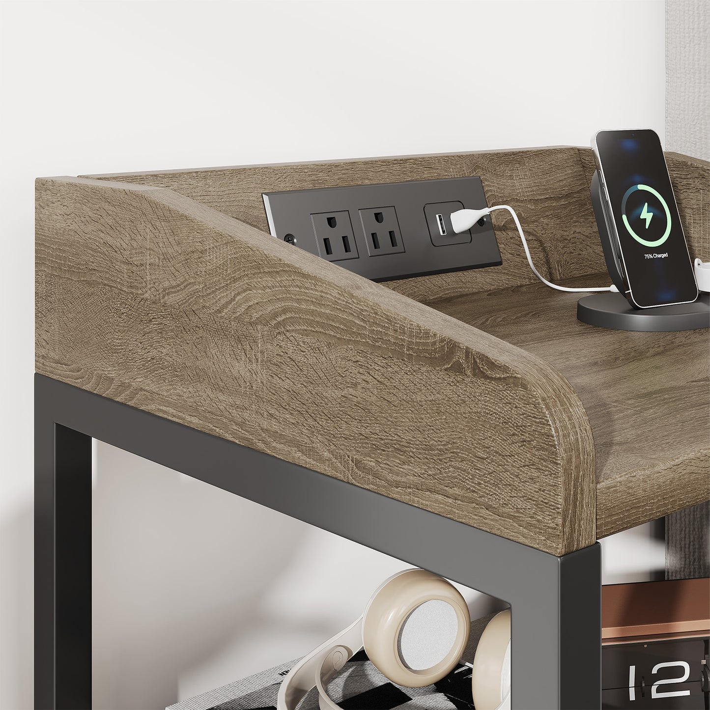 Nightstand With Charging Station Modern Bedside End Side Table With Guardrail Storage Shelf 2 Fabric Drawers USB Ports AC Outlets