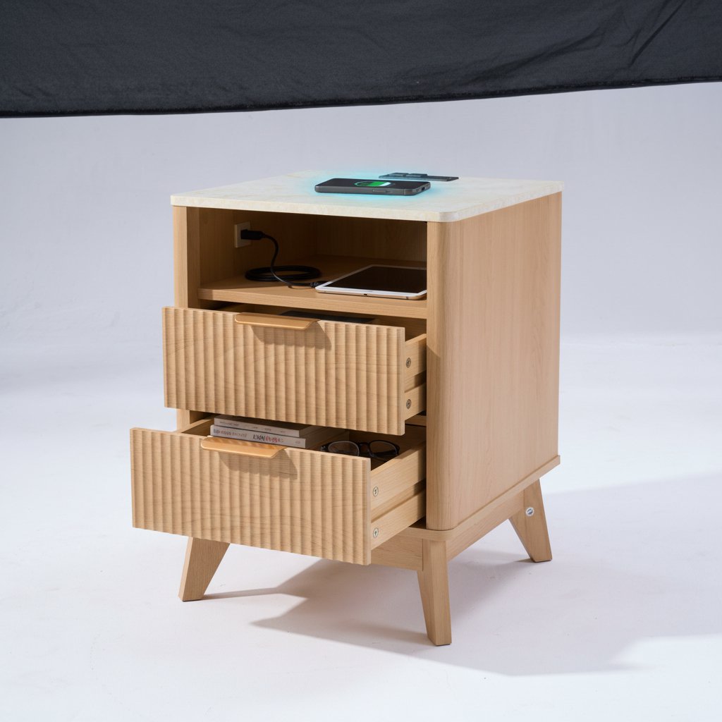 A Carved Bedside Cabinet With Charging Port, A Double-drawer Open Shelf Bedside Cabinet With Marble Countertop