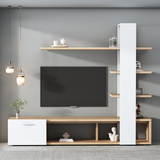 Home Living Room Wall Unit, Living Room Furniture Set 180 X 33.5 X 151.5 Cm, Suitable For TVs Under 60 Inches, Modern Oak White TV Cabinet, Lowboard, TV Wall Unit Set, Living Room Furniture Set
