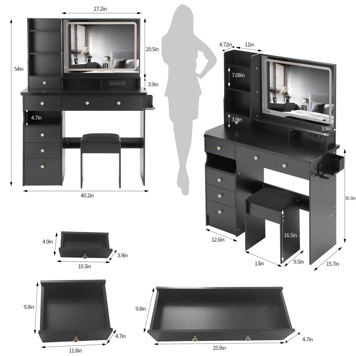 41 Large Size Left Drawer Desktop Vanity Table Cushioned Stool Dresser Set, 2 AC-2 USB Power Station, Hair Dryer Stand, Extra Large Touch Control LED Mirror, 3-color Switch, EPA, GCC, UL Certificate