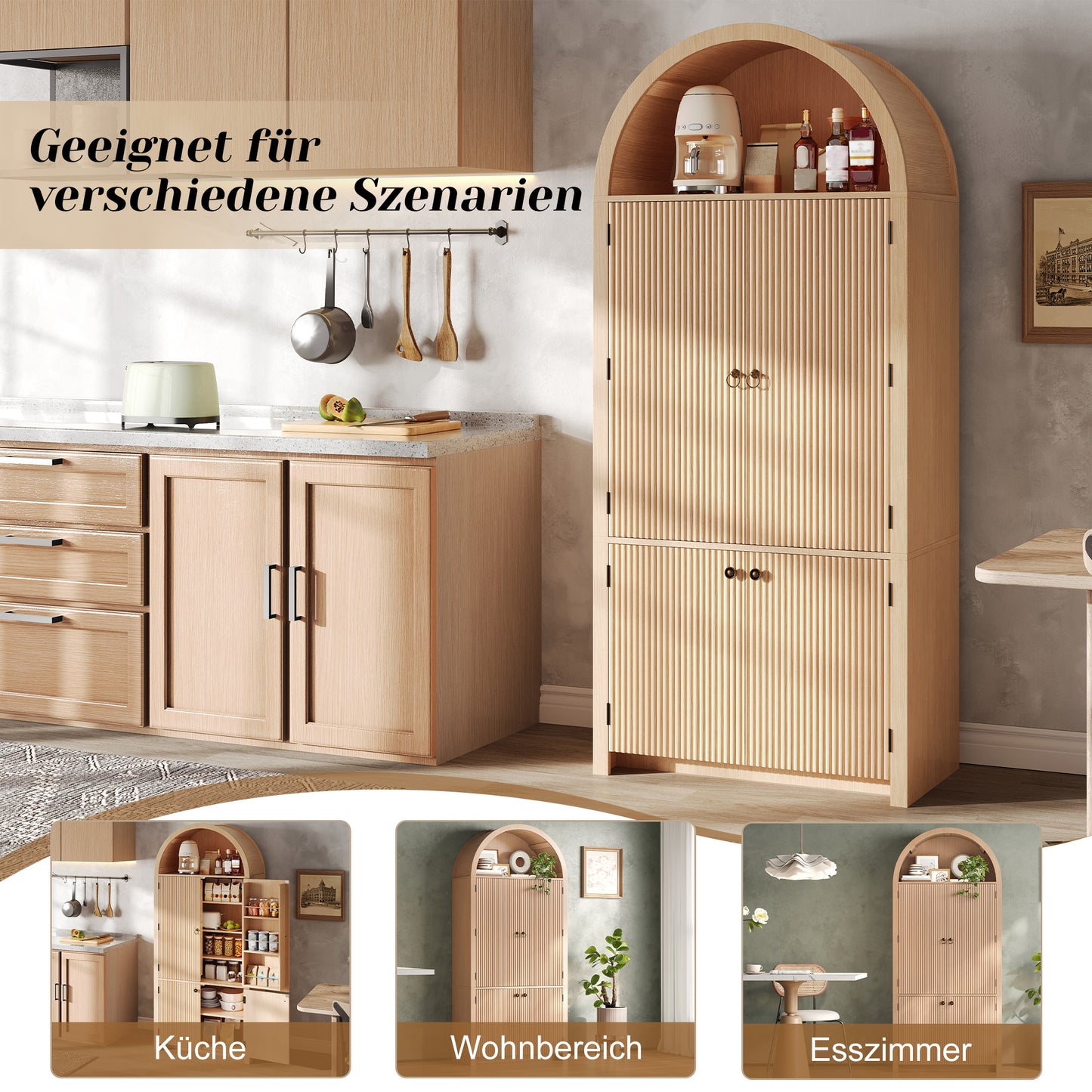 Arched Cabinet 180 X80 X40 Cm, Kitchen Cabinet, Display Cabinet, Wine Cabinet With Door Shelves And Open Upper Compartment, For Kitchen, Dining Room, Living Room, Bedroom, Wood Look